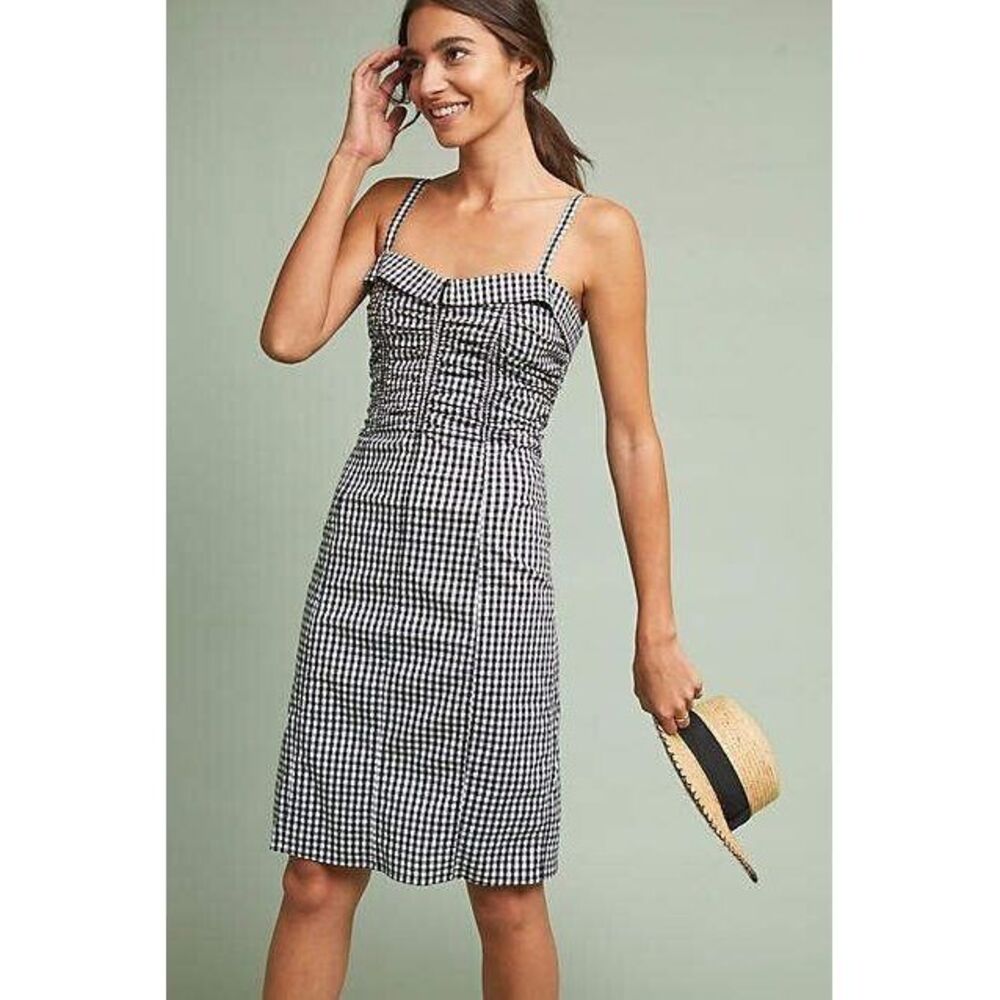 Anthropologie Ruched Gingham Dress Size XL Black White Check Rockabilly Pinup‎